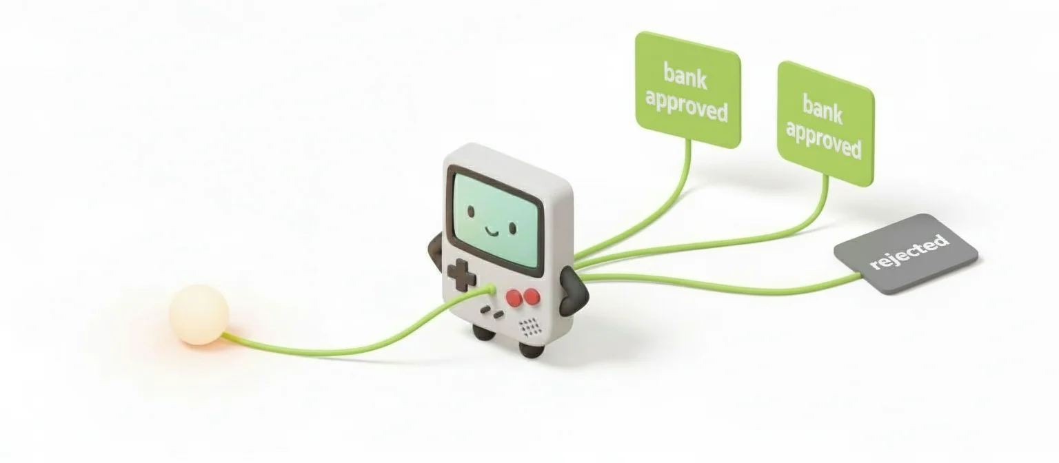 BankMatch connects one customer application to multiple banks simultaneously, showing 4 approvals and 2 rejections